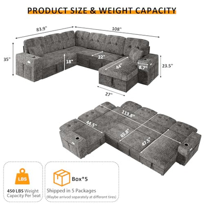 Modular Sectional Sleeper Sofa with Pull Out Bed, 108 Inch U Shaped 7 Seat Couches for Living Room, Chenille Fabric Cloud Couch Bed with Storage & Reclining Backrest, USB Charging, Grey