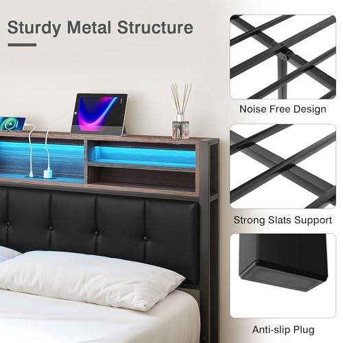 Metal bed frame with wooden accents, black, LED lighting and storage, view 8