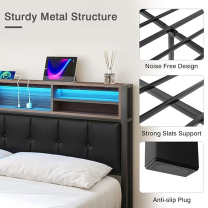 Metal bed frame with wooden accents, black, LED lighting and storage, view 8