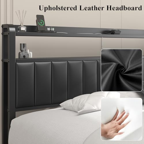 King Size Platform Bed Frame with Storage Headboard, Star Projector, Black, view 6