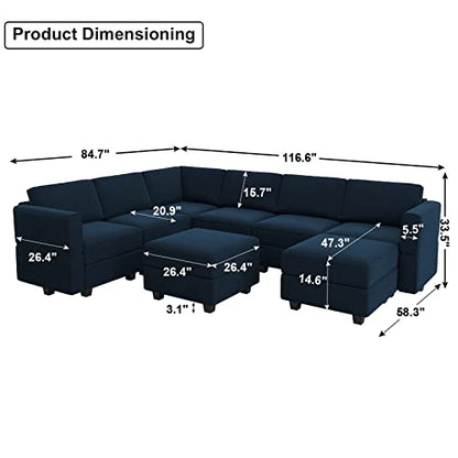 Modular Velvet Sectional Sofa with Storage Seat Oversized U Shaped Couch with Reversible Chaise Sofa Set with Ottoman Blue