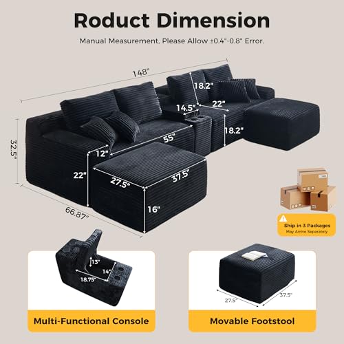 150" Modular Sectional Couch with Bluetooth Speaker, 5-Piece Cloud Sectional Sofa with Console, Storage, USB, 2 Ottoman & Cup Holder, U Shaped Boneless Couches for Living Room Furniture, Black