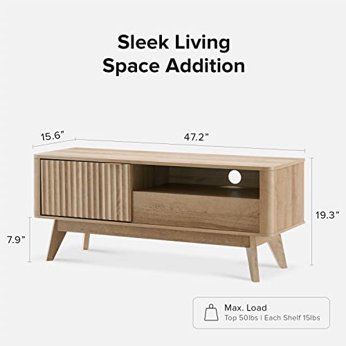 Brooklyn Mid-Century Modern TV Stand, for TVs up to 50” / 59" Waveform Panel, Sleek Curved Profile with Adjustable Shelf and Sturdy Box Frame Leg (Golden Oak, 47")