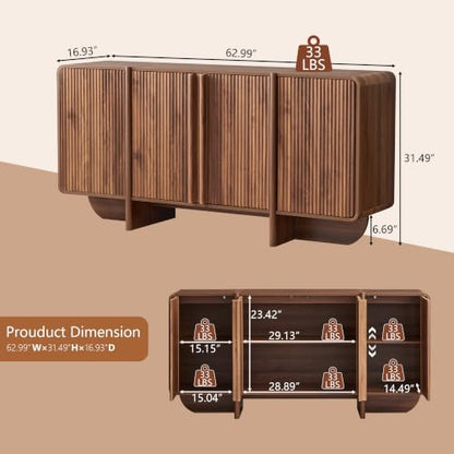 63'' Fluted Sideboard Buffet Cabinet with Storage（4 Door）, view 3