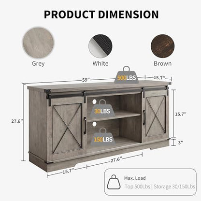 Farmhouse TV Stand for 65 Inch TV, Sliding Barn Doors, Grey, view 3