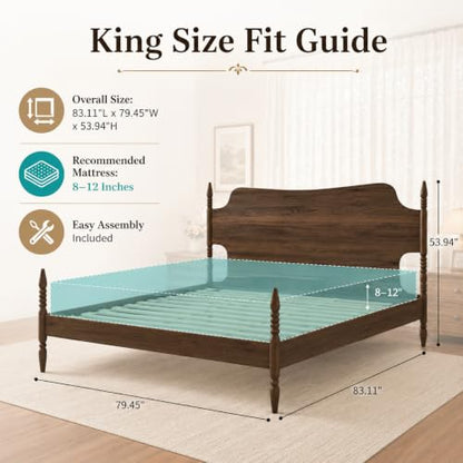 King Size Wood Platform Bed Frame with Tall Curved Headboard, view 6