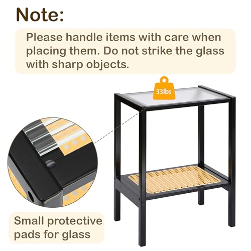 2-Tier Bamboo Side Table, Modern Glasstop Rattan Side Table, Mid Century Wood Sofa-Side End Tables for Living Room, Bedroom Night Stand with Storage, Small Narrow Coffee Tables, Black