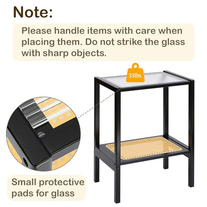 2-Tier Bamboo Side Table, Modern Glasstop Rattan Side Table, Mid Century Wood Sofa-Side End Tables for Living Room, Bedroom Night Stand with Storage, Small Narrow Coffee Tables, Black