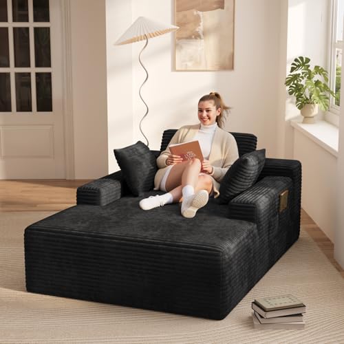 No-assembly oversized black corduroy pet-friendly chaise lounge with side pockets, view 2