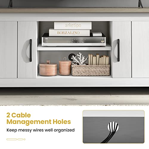 2 Doors TV Stand for TVs up to 65”, 57” Media Console Table w/ 2 Cabinets & Open Shelves, 2 Cable Management Holes. Wood Entertainment Center Cabinet for Living Room (White Oak)