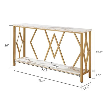 55 Inch Modern Entryway Console Table, White & Gold Faux Marble Top Engineered Wood Sofa Table with 2-Tier Open Storage, Entry Table for Hallway & Living Room