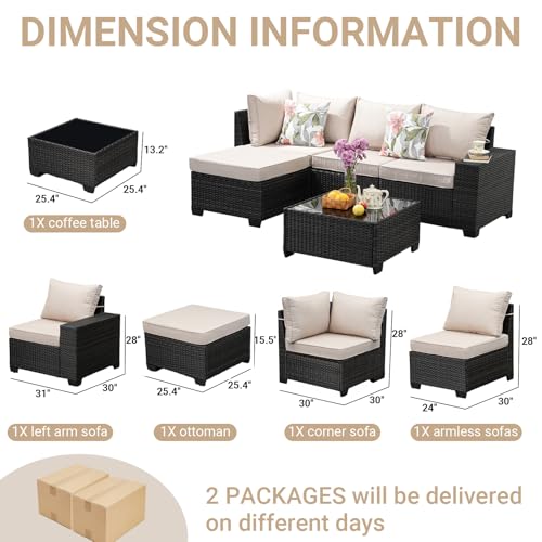 5-Piece Patio Furniture Set, All-Weather Outdoor Wicker Sectional Sofa with Cushions, Tempered Glass Table & Ottoman, Rattan Conversation Seating for Porch, Garden, Backyard,Beige