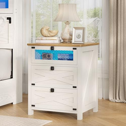 Farmhouse Night Stand for Bedroom, Rustic Vintage White Nightstand with Charging Station and LED Lights, Bedside Table with 3 Drawers, Retro Side End Table with Storage