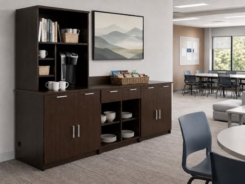 3-Door Breakroom Hutch Cabinet with Microwave Space, Commercial Office Kitchenette Storage, Fully Assembled, 108" W x 24" D x 75" H, Appliances Not Included