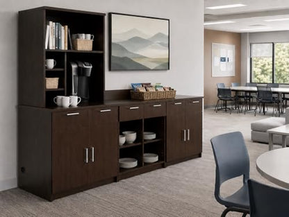 3-Door Breakroom Hutch Cabinet with Microwave Space, Commercial Office Kitchenette Storage, Fully Assembled, 108" W x 24" D x 75" H, Appliances Not Included