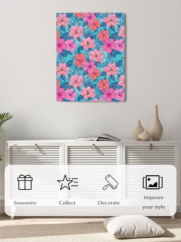 NuYeBiofx Exotic Pink Red Floral Blue Leaves Canvas Wall Art Prints,40"x28" Framed Picture Artwork Boho Tropical Plants Printed Canvas Oil Painting for Living Room Bedroom Office,Ready to Hang