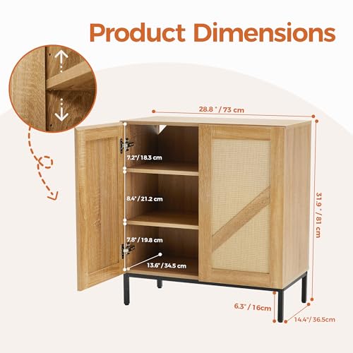 Buffet Cabinet with Storage, Sideboards 2 Doors with Metal Base and Adjustable Shelf for Kitchen, Coffee Bar, Entryway, Hallway,Living Room (Rattan Buffet Cabinet, Natural)