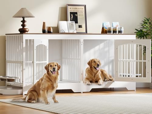 74.8” Dog Crate Furniture for 2 Dogs, Wooden Dog Kennel Indoor with Dog Bowls, view 3