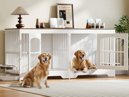 74.8” Dog Crate Furniture for 2 Dogs, Wooden Dog Kennel Indoor with Dog Bowls, view 3
