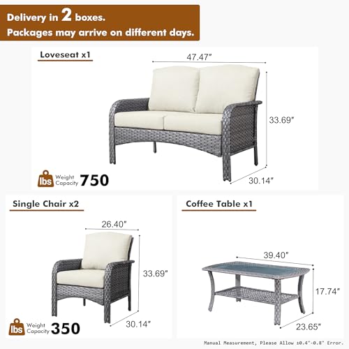 Patio Furniture Set,4 Pieces Outdoor Conversation Set,All Weather Wicker Loveseat Sofa Set with High Back Chairs Table,Beige