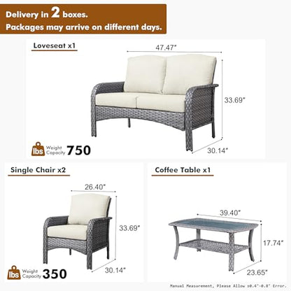 Patio Furniture Set,4 Pieces Outdoor Conversation Set,All Weather Wicker Loveseat Sofa Set with High Back Chairs Table,Beige