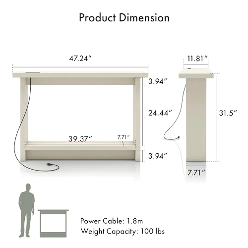 Elvis 32 inch Modern Wooden Console Table with Charging Station, USB Ports and Shelf, Behind Couch Furniture for Living Room, Entryway, Foyer, Hallway, Office, Soft White