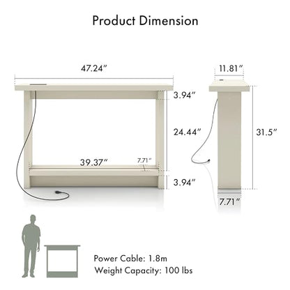 Elvis 32 inch Modern Wooden Console Table with Charging Station, USB Ports and Shelf, Behind Couch Furniture for Living Room, Entryway, Foyer, Hallway, Office, Soft White