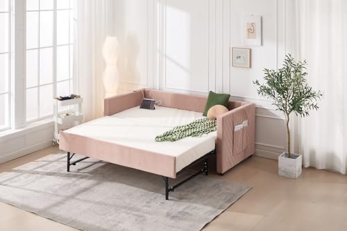 Twin Size Upholstered Daybed with Trundle,USB Port,Side Pockets, V Grained backrest Design,No Box Spring Needed, for Bedroom, Guest Room (Pink, Twin)