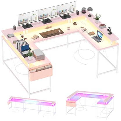 U-Shaped Computer Desk with Power Outlets & LED Lights 79 Inch Reversible, view 2