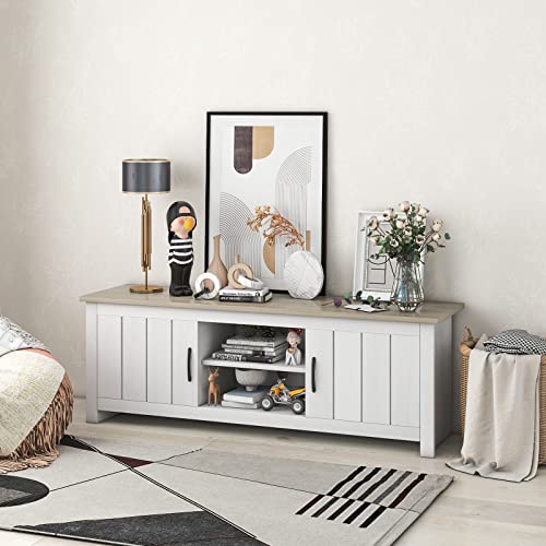 2 Doors TV Stand for TVs up to 65”, 57” Media Console Table w/ 2 Cabinets & Open Shelves, 2 Cable Management Holes. Wood Entertainment Center Cabinet for Living Room (White Oak)
