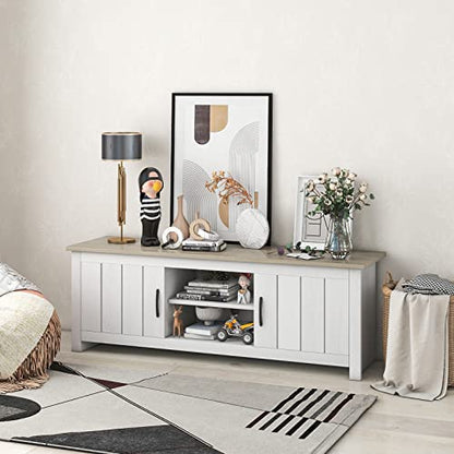 2 Doors TV Stand for TVs up to 65”, 57” Media Console Table w/ 2 Cabinets & Open Shelves, 2 Cable Management Holes. Wood Entertainment Center Cabinet for Living Room (White Oak)