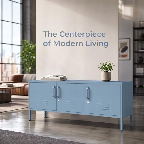 Blue Industrial Metal TV Stand with Lockable Storage Cabinet, view 7
