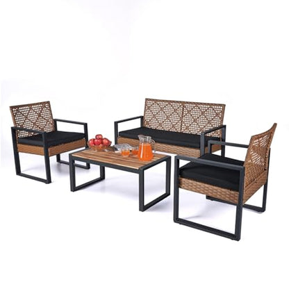 Wicker Patio Furniture Outdoor Conversation Set of 4, Rattan Outdoor Furniture Set, Acacia Wood Table, 2 Chairs, 1 Loveseat, 2” Cushions, All Weather Set for Patio, Porch, Balcony (Brown)