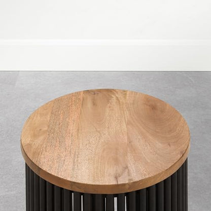Demy Accent Table - 18 inch Wide Solid Mango Wood and Metal Round Side Table in Earthtone/Ebony, Modern End Table for Living Room or Bedroom with Slatted Base Design, Assembled