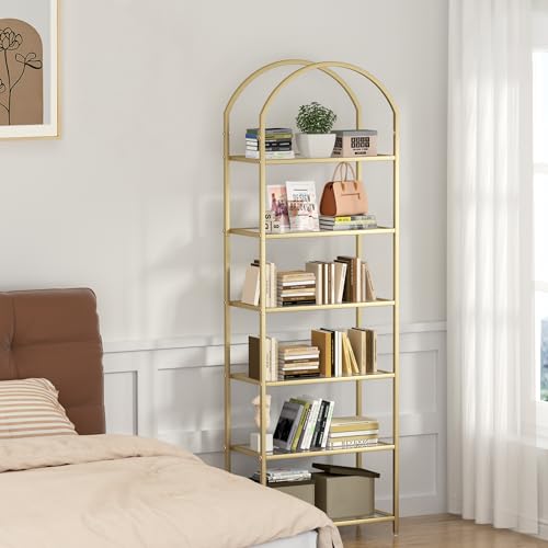 6-Tier Tall Gold Bookshelf, Arched Bookcase with Glass Shelves, view 7