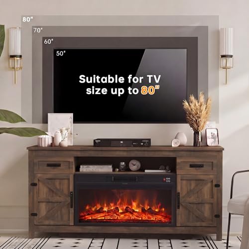 Fireplace TV Stand, 70" Farmhouse TV Stand with Barn Door for 80" TVs, view 4