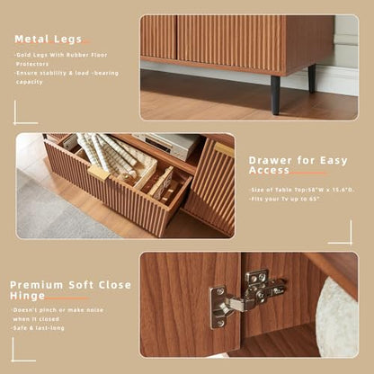 Modern Fluted TV Stand for 65 Inch TVs with Drawer, Walnut, view 7