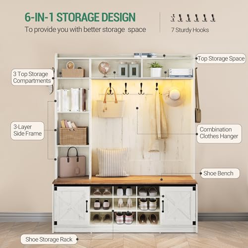 59.8" Hall Tree, LED Farmhouse Entryway Storage and Coat Rack Wood, view 6