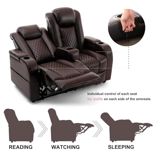 Loveseat Recliner, Recliner Sofa with Cup Holders and 2 Pillows, Wall Hugger Recliners & 135° Reclining Loveseat (Brown PU Leather Furniture)