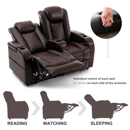 Loveseat Recliner, Recliner Sofa with Cup Holders and 2 Pillows, Wall Hugger Recliners & 135° Reclining Loveseat (Brown PU Leather Furniture)