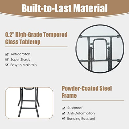 Outdoor Side Table, Folding Small Patio Table with Tempered Glass Tabletop, Steel Frame, Round Outdoor End Table with Anti-Slip Footpads for Balcony Garden Backyard Deck Poolside