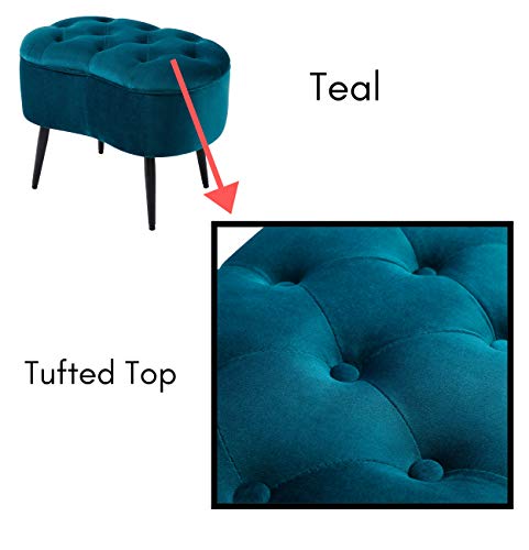 Tufted Oblong Velvet Ottoman - Mid Century Modern Upholstered Foot Rest with Steel Legs - Soft Padded Foot Stool, Accent or Vanity Chair for Living Room, Bedroom or Dorm (Teal)