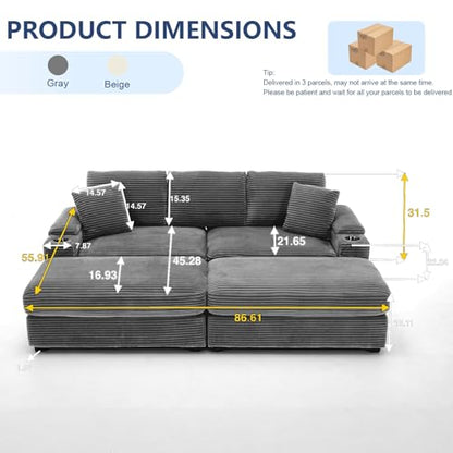 86.6" Sectional Sofa Couch with 2 Ottomans, Comfy Corduroy Upholstered Cloud Modular Convertible Couch with Cup Holders and USB, Armrest Storage, Deep Seat Oversized Loveseat for Living Room, Grey