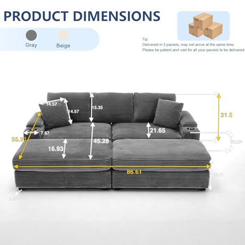 86.6" Sectional Sofa Couch with 2 Ottomans, Comfy Corduroy Upholstered Cloud Modular Convertible Couch with Cup Holders and USB, Armrest Storage, Deep Seat Oversized Loveseat for Living Room, Grey