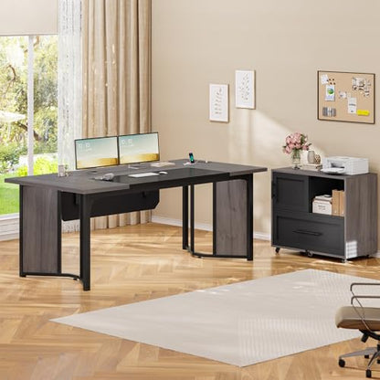 63" Executive Desk with Mobile File Cabinet, Large Office Desk with Drawer, Modern L Shaped Desk with Power Outlets, Storage Shelves, Corner Computer Desk Business Workstation Set (Grey)