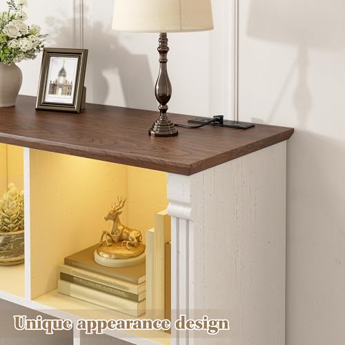 7 Cube Storage Organizer, Bookcases with LED Lighting, White | Anti-Tip Safety Design, Power Outlet Keep Cords Tidy, Sturdy Engineered Wood