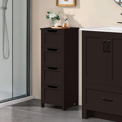 Yaheetech Bathroom Floor Cabinet, Wooden Side Storage Organizer, 4 Drawers Free-Standing Cabinet for Bathroom/Hallway/Living Room, Espresso