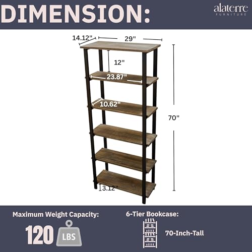 Pomona Living Room 6-Tier Solid Wood Bookcase with Metal Frame – Rustic Industrial Modern Wood and Metal Bookshelf for Home Office, Living Room, or Bedroom Storage