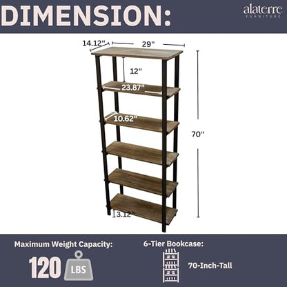 Pomona Living Room 6-Tier Solid Wood Bookcase with Metal Frame – Rustic Industrial Modern Wood and Metal Bookshelf for Home Office, Living Room, or Bedroom Storage