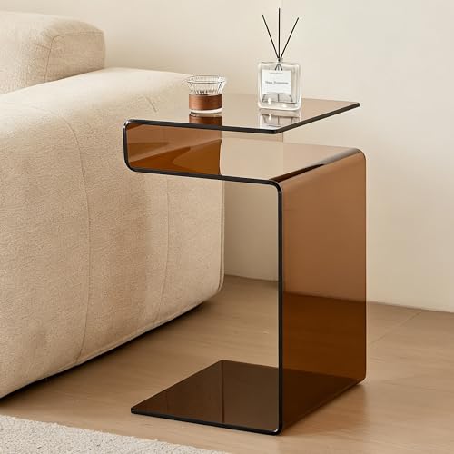 Glass Nightstand,Side Table,S-Shaped End Table for Living Room,Bedside Table for Bedroom (Brown)
